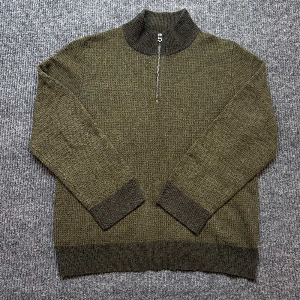 J.Crew Rugged‎ Mens Large Merino Wool Blend Quarter Zip Green Waffle Sweater